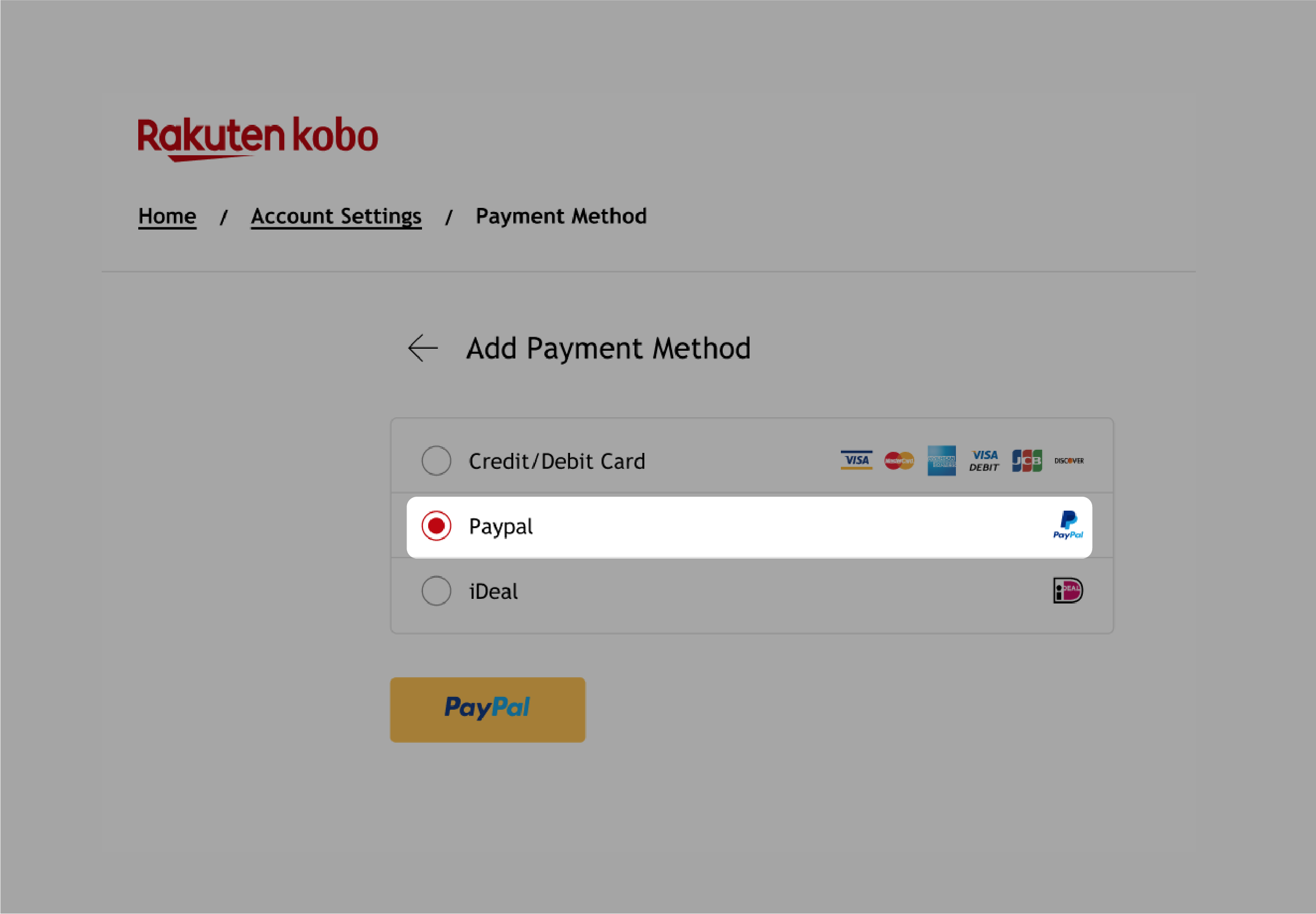Here is the translation of the provided text to Danish:

Kobo.com betalingsmetode-menu med PayPal-valgmulighed fremhævet.