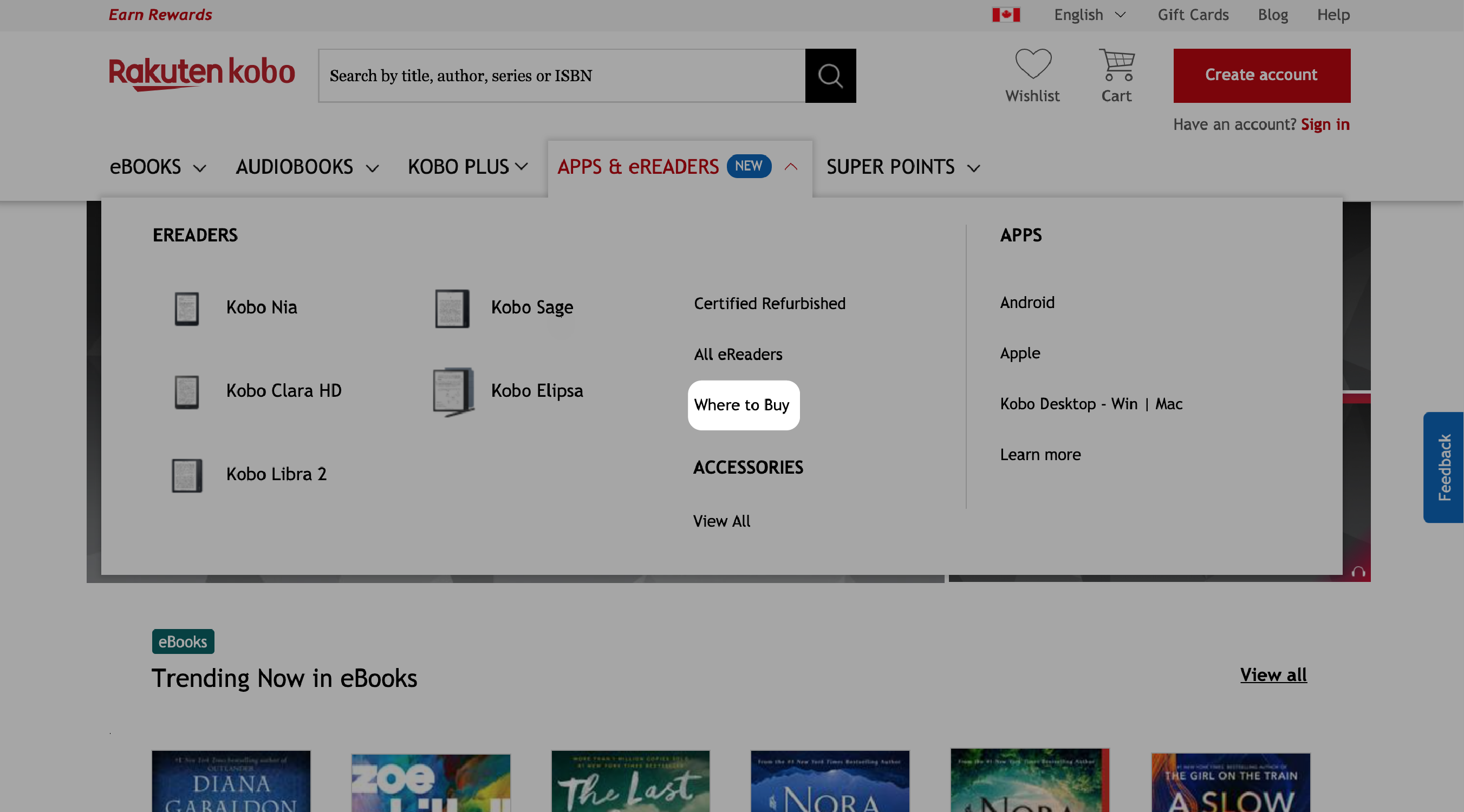 Kobo.com sin hjemmeside med «Utsalgssteder»-knappen uthevet.