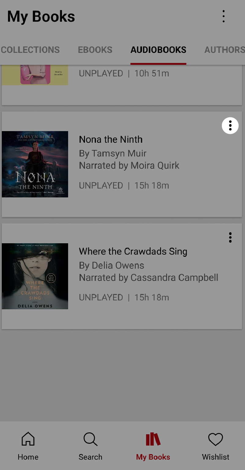 App Kobo Books nel menu I miei libri con l'icona dei tre puntini evidenziata.