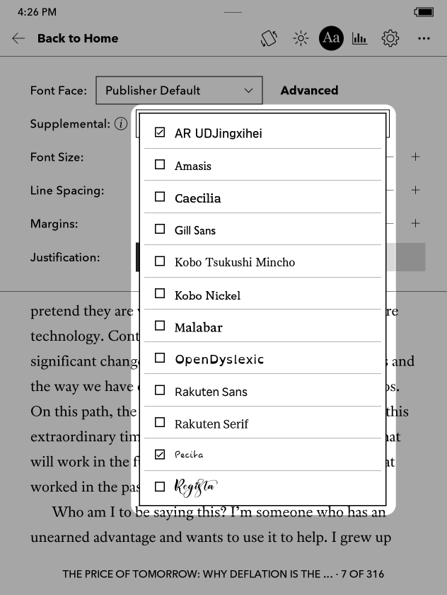 Kobo e-læser skrifttypemenu med den supplerende rullemenu med en liste over downloadede skrifttyper fremhævet.