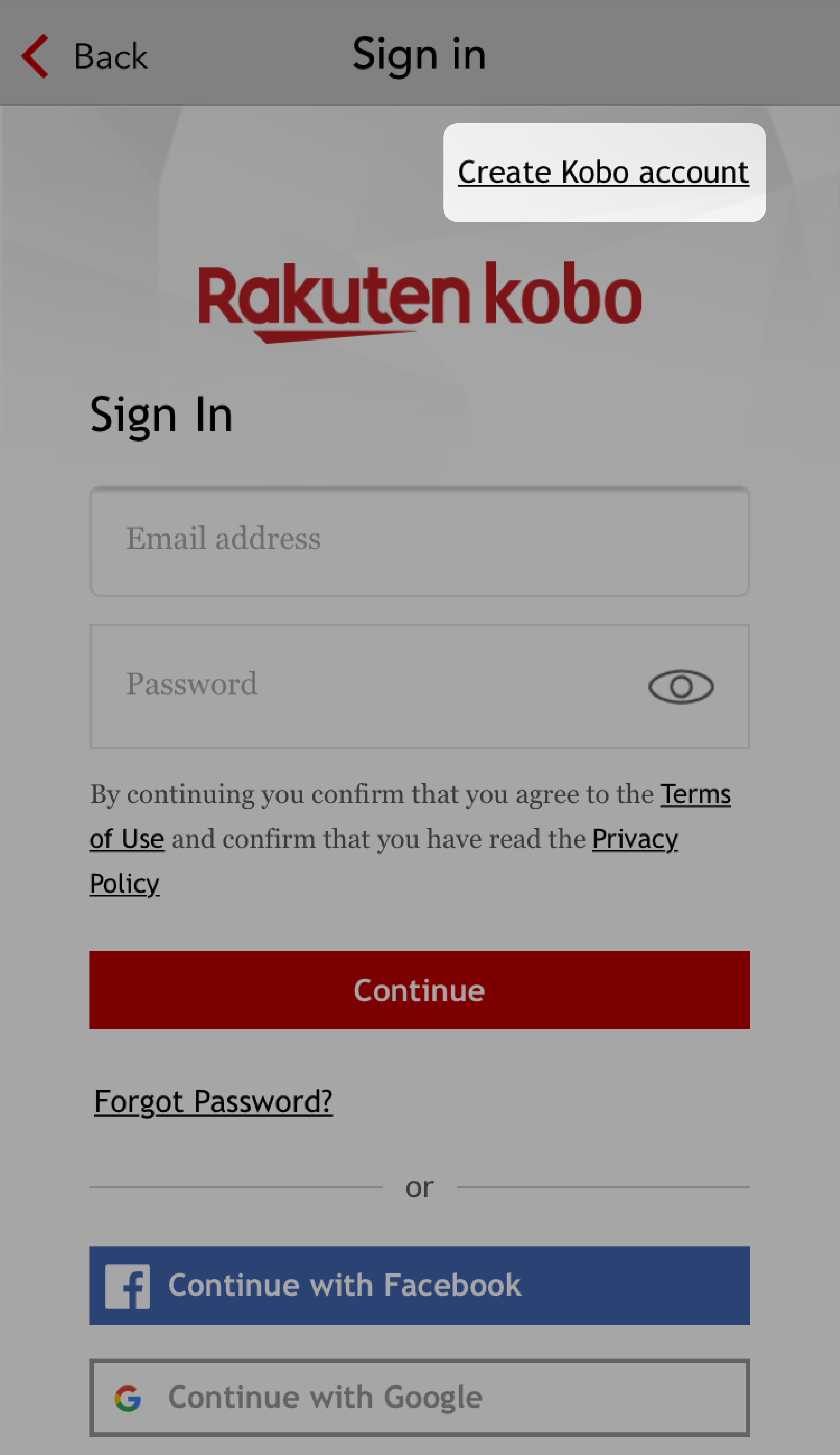 Kobo Books-appens login-skærm med knappen Opret Kobo-konto fremhævet.